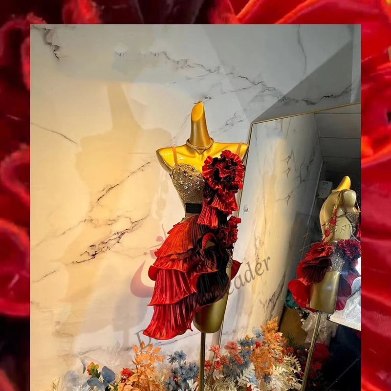 

Latin Dance Competition Women's Clothing Children's High-end Customized Red Flower Wave Skirt Rumba Tango Clothing Dress