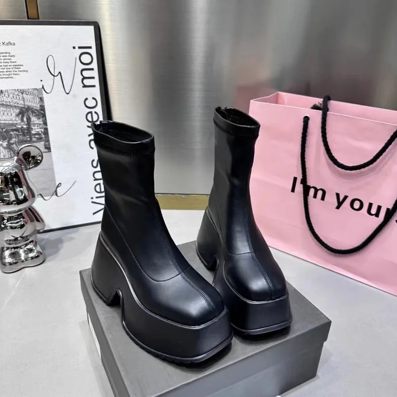 Sepatu Bot Tinggi Wanita Sepatu Bot Kulit Kasual Modis Sepatu Bot Elastis Ramping Sepatu Bot Platform Ujung Persegi Sepatu Bot Pendek Ritsleting Gaya Punk