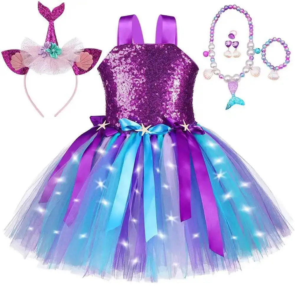 

Led Light Mermaid Princess Costumes for Girls Birthday Ballet Tutus Dresses for Kids Sequins Sea-maid Halloween Christmas Outfit