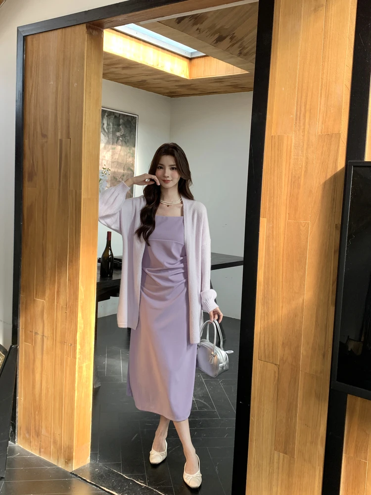 

Сексуальный Т-вязаный свитер, кардиган, пальто, фиолетовый комплект с запахом, комплект из двух предметов, длинный французский слэ для взрослых женщин