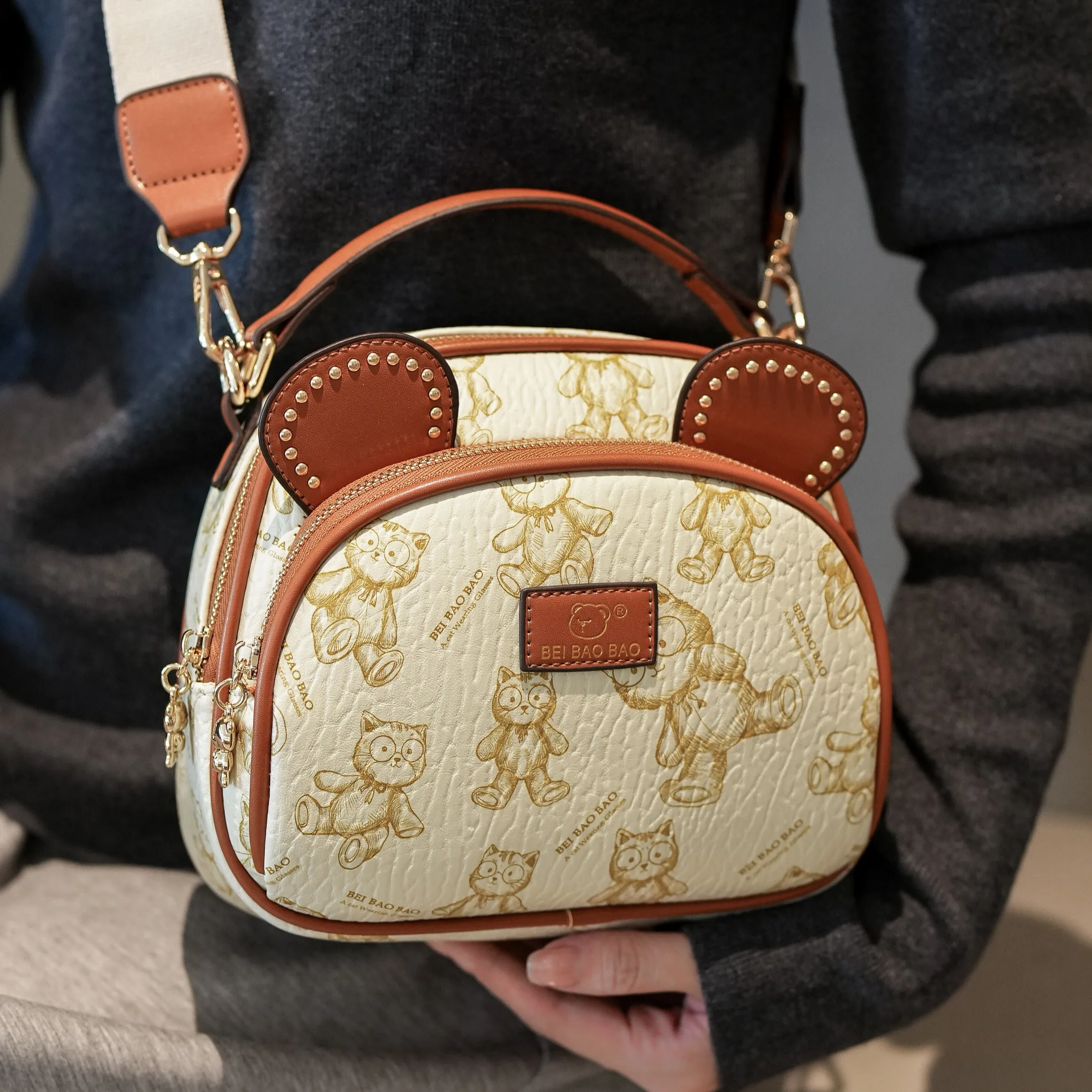 

BeiBaoBao Cute Bear Ear Design Ladies Shoulder Bag Stylish round Mini Bag Fashionable Casual Crossbody Handbag for Women
