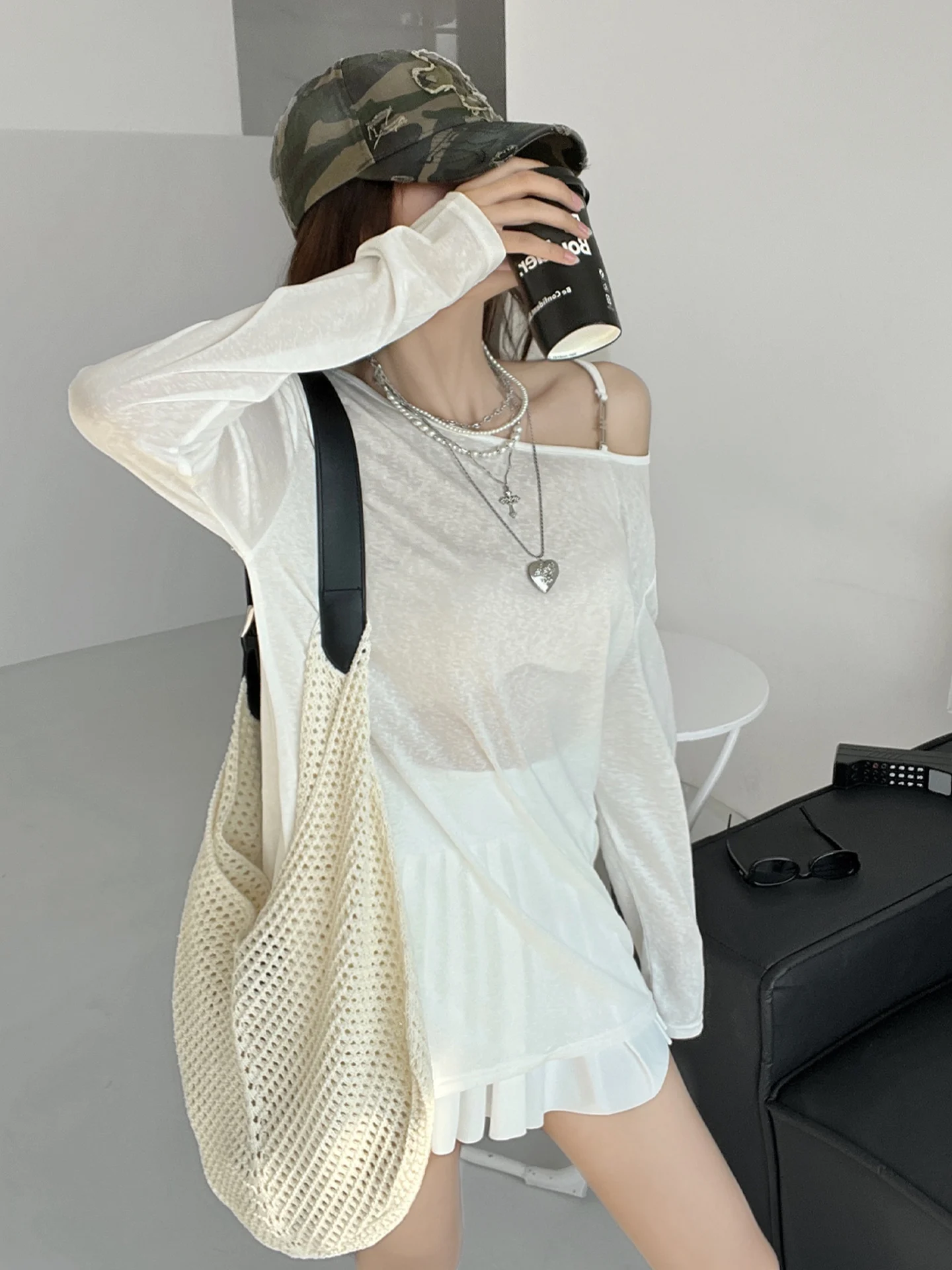 

Linen Fabric Summer Thin Sun Protection T-irt oulder Exposure Casual Loose Fit Pure Color Long Sve One-oulder Top