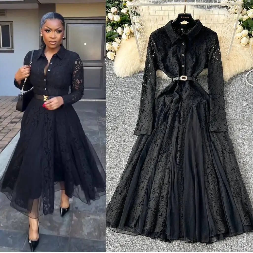 Frauen Französisch Vintage Elegante Kleid Herbst Winter Häkeln Spitze Patchwork Mesh Unregelmäßige Lange Kleider Damen Hemd Lange Robe