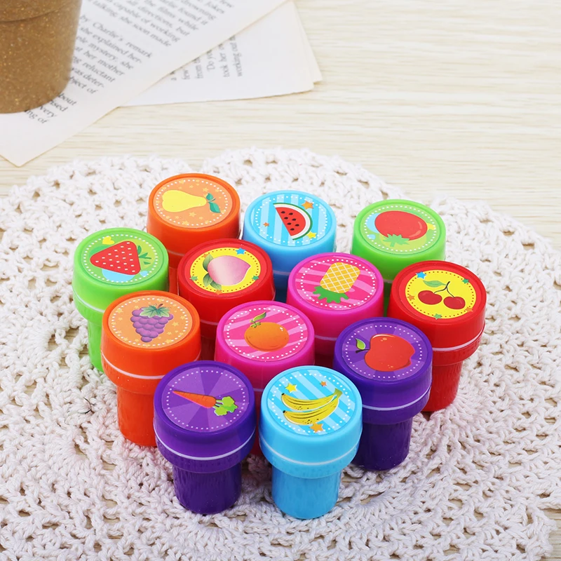 12pcs/Box Children Toy Rubber Stamps Cartoon Fruits Kid Seal DIY Scrapbook Photo Album Decor Stamper High Quality Simple