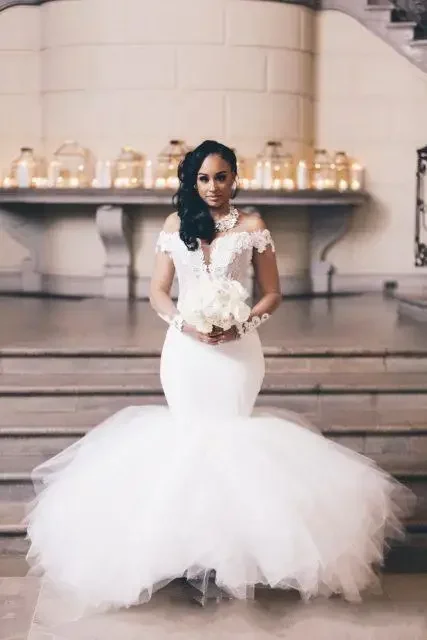 Customized New African Lace Mermaid Arabic Plus Size Wedding Dresses Long Sleeves Off The Shoulder Cheap Elegant Bridal Dress