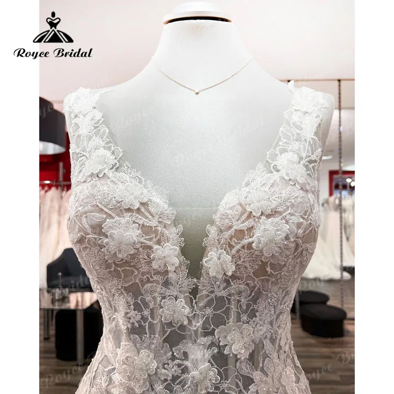 Vestido de novia de sirena/trompeta sin mangas con flores 3D, apliques de encaje, espalda abierta, corte sirena, Roycebridal