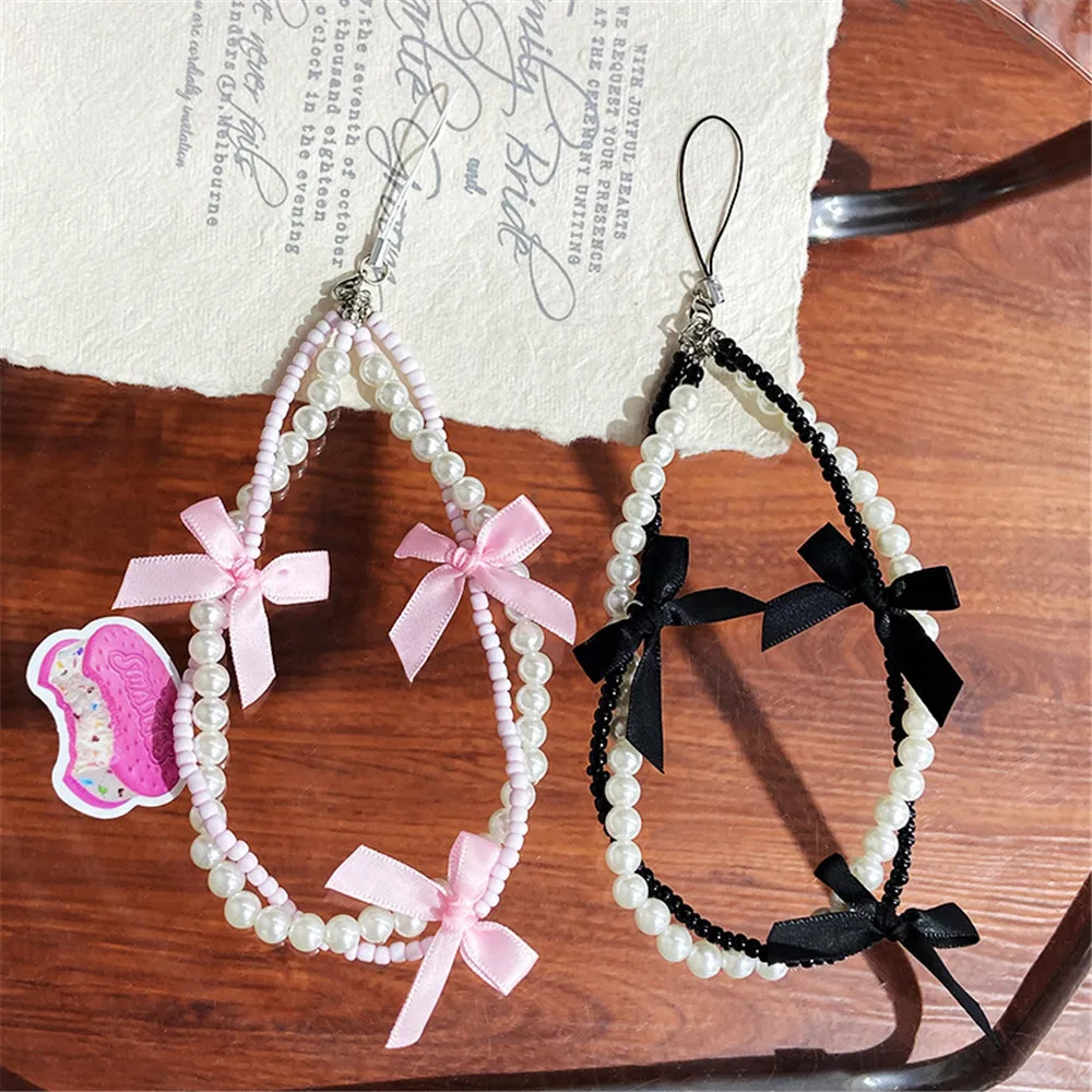 Pearl Bow Satin Ribbon Mobile Phone Lanyard Sweet Y2K Smartphone Rope Phone Case Accessories Charm Keychain Bag Pendant New