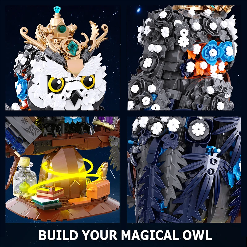 1288pcs Magical World Owl Magic Book and Lights Building Blocks MOC Animal Bird Models Boys Assembly Toys Kid Christmas Gifts ﻿