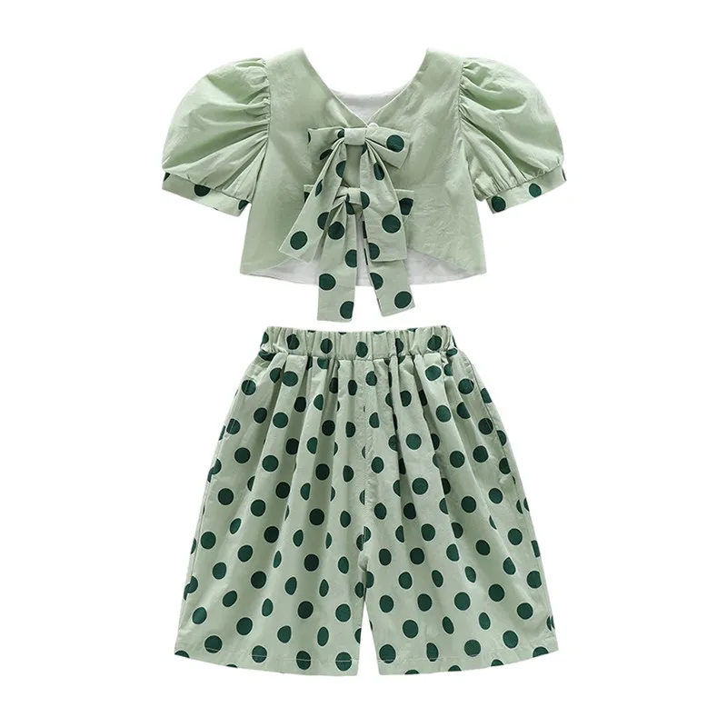 2026 Summer Baby Girls Cotton Crop Bow Back Puff Sleeves Shirt Top+Dots Shorts Pant Set Kids 2PCS Suit Children Vacation Outfit