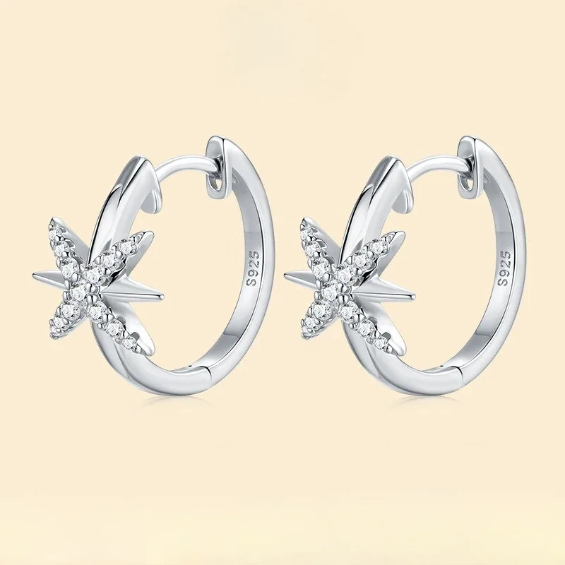 

925 Sterling Silver Star Moissanite Hoop Earings for Women Fine Jewely Bling Diamond Huggie Earrings Pass Tester Birthday Gift