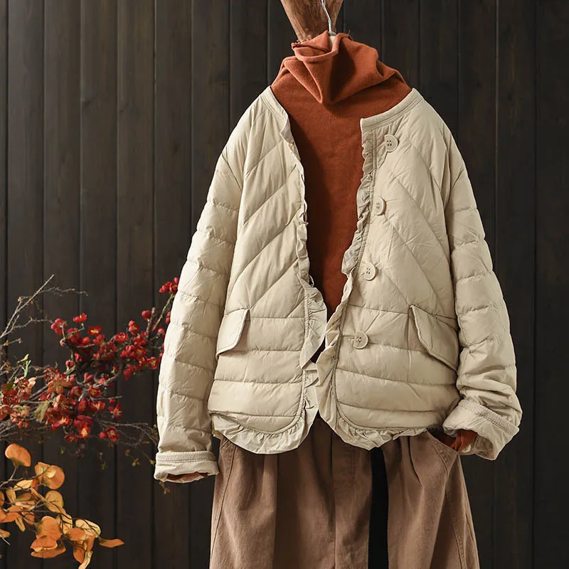 Ruffles Bigsize Down Jacket 2023 Autumn Winter Women Warm Light White Duck Down Coat Ladies Casual Puffer Parkas Short Outwears