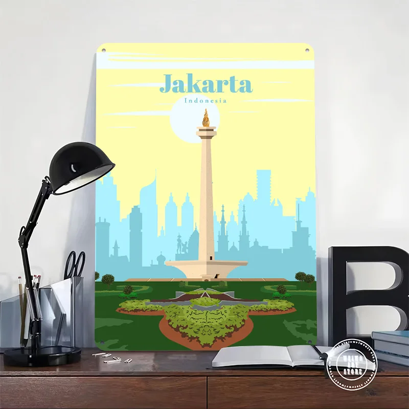 Travel to Jakarta Printing Poster Customized Retro Wall Art Vintage Metal Signs for Room Decoration Home Decor Items House Cozy