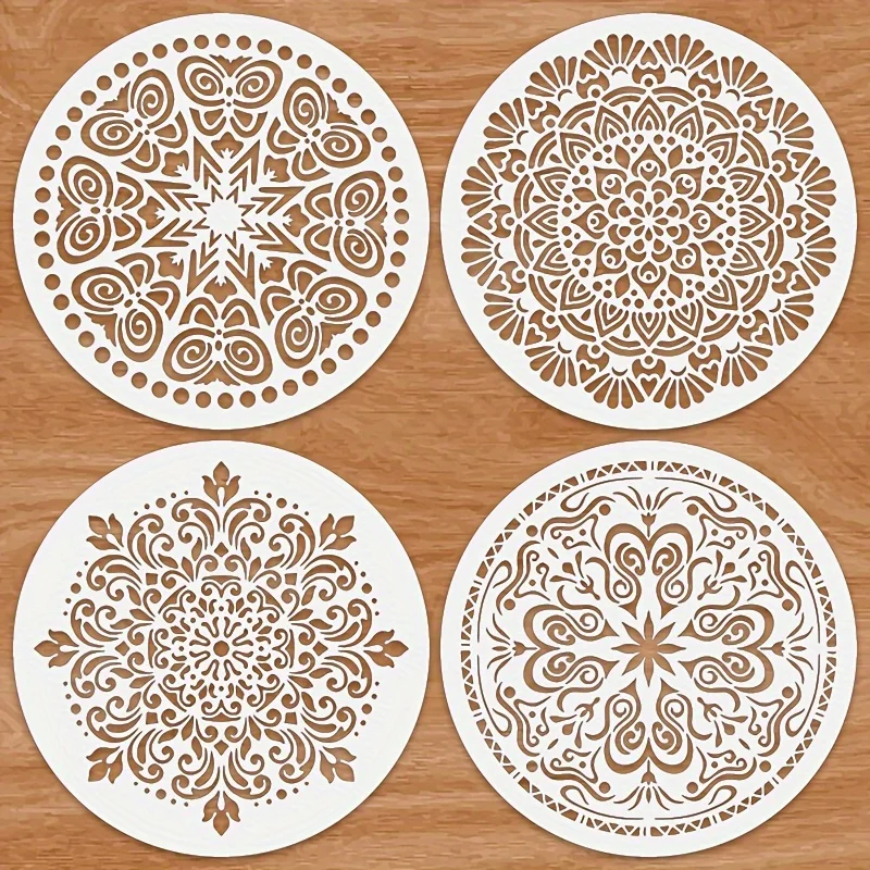 マンダラステンシル 4枚 7.9×7.9インチ ラウンド DIY ペイントテンプレート 壁、木材、布の装飾用