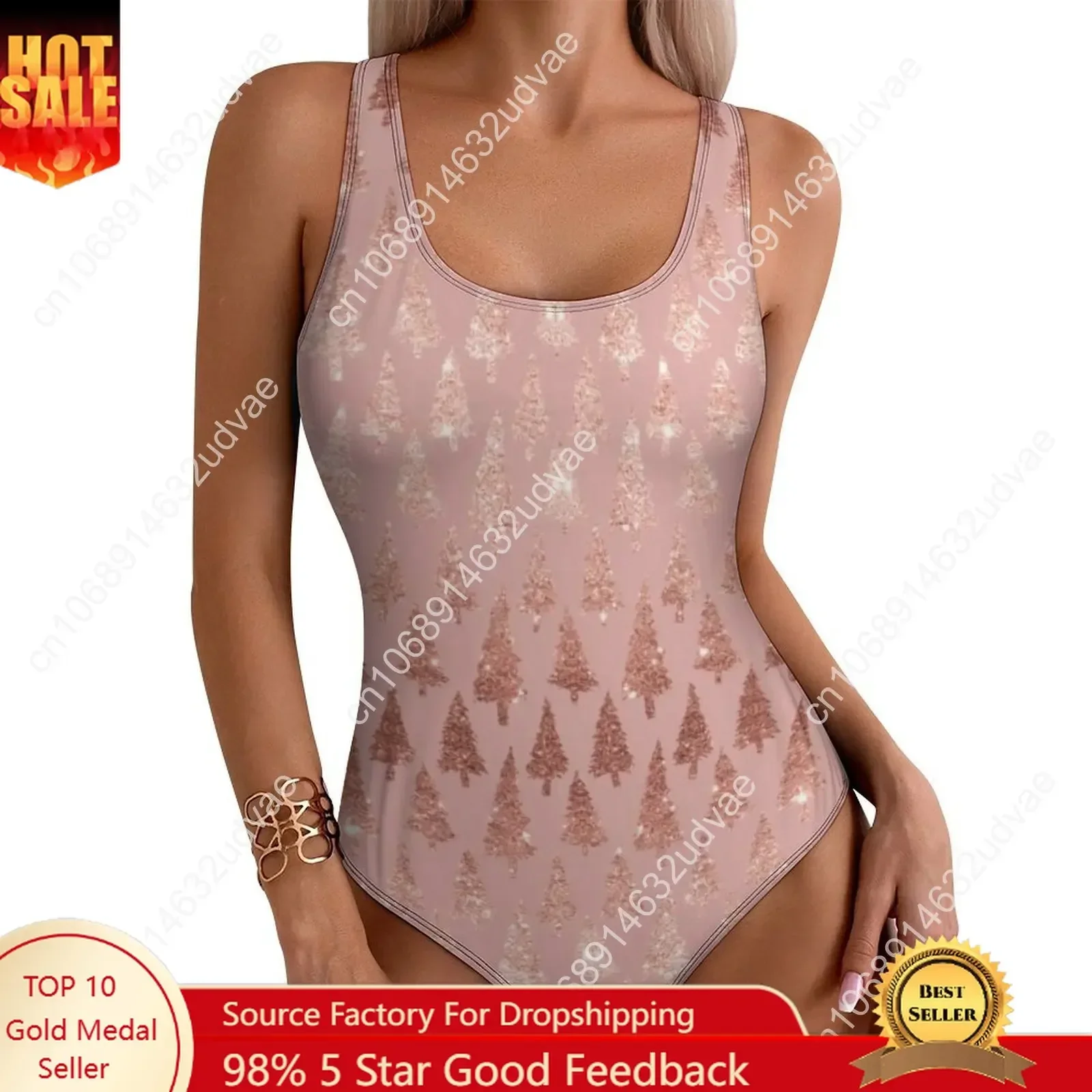Traje de baño metálico color oro rosa elegante, con purpurina rosa y malva, diseño de árboles de Navidad, traje de baño de una sola pieza, con efecto push-up, monokini, ideal para vacaciones y para usar en la piscina.