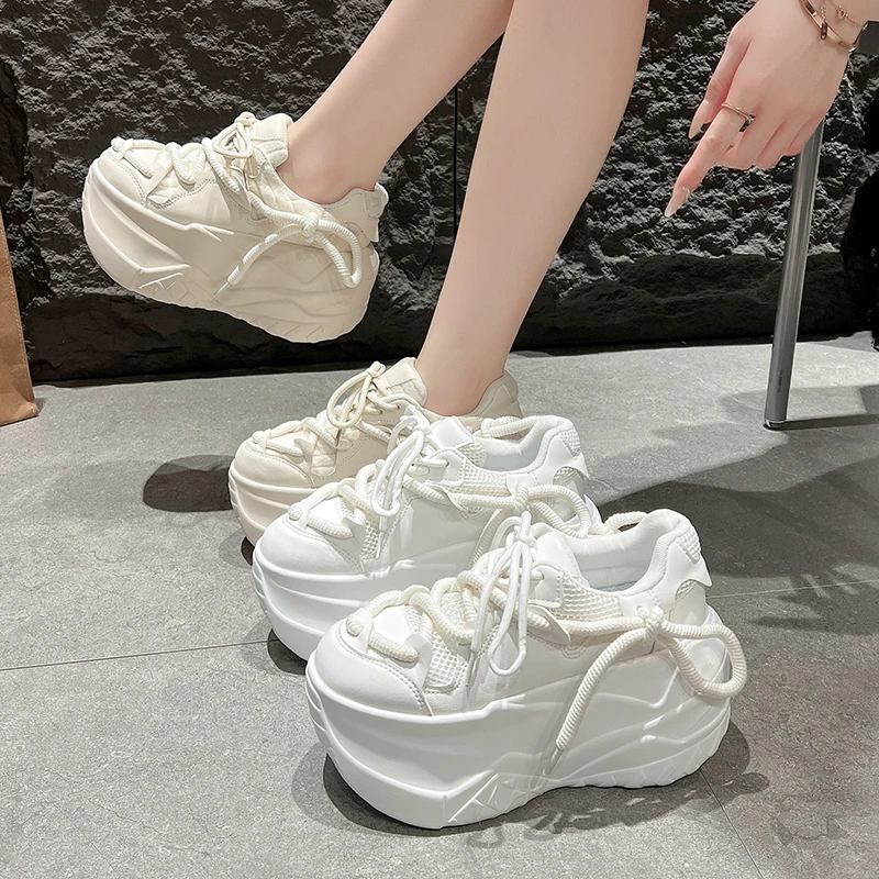 9.5CM Women Thick Leather Sneakers New Autumn High Platform Dad Shoes Women Casual Trainer Sneakers Thick Sole Vulcanize Shoes