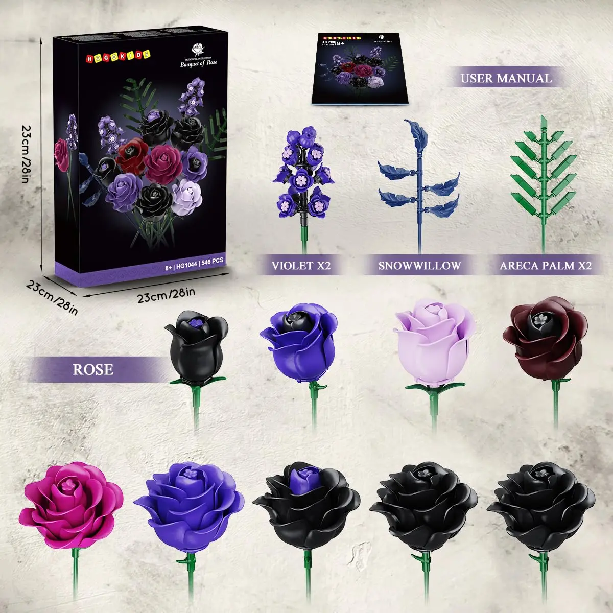 HOGOKIDS Zestaw do budowania bukietu kwiatów - 14 fioletowych róż, botaniczne klocki, sztuczna czarna róża, gotycka dekoracja kwiatowa, prezent dla dorosłych