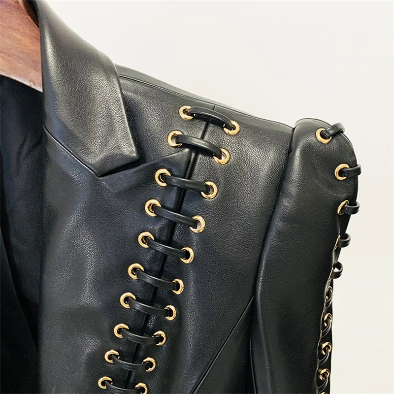 Sheepskin Coatสําหรับผู้หญิงใหม่ฤดูใบไม้ร่วง2025ไก่Eye TieเชือกSlim FitปกแขนยาวหนังเทียมPUผู้หญิงเสื้อ