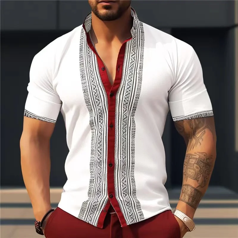 Camisa de color de contraste de moda para hombres, cuello levantado, camisa delgada con botones, top versátil de manga larga para oficina de