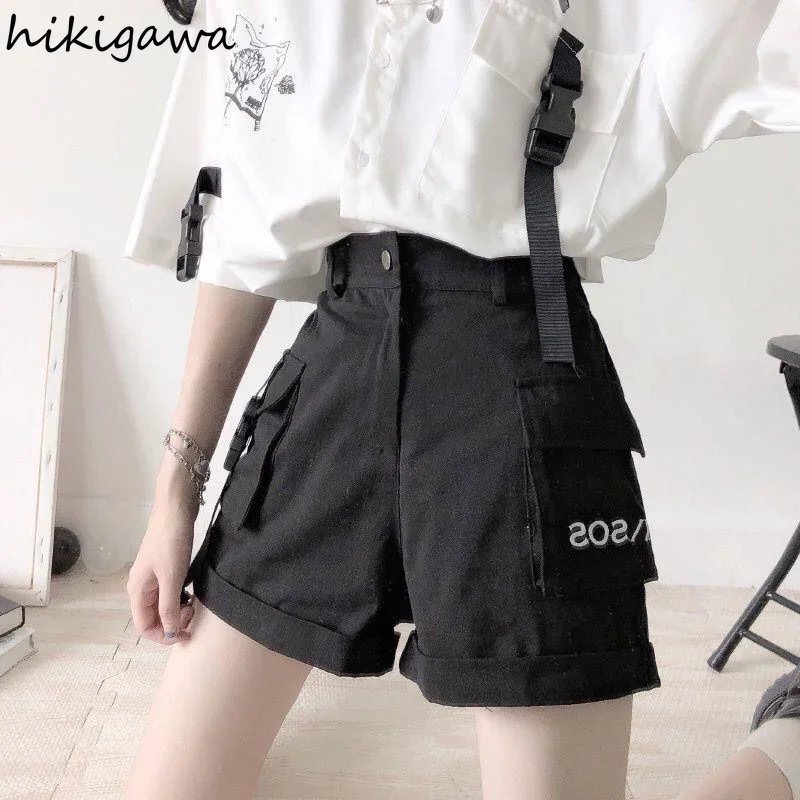 Japanese Two Piece Set for Women Short Sleeve White Shirt Wide Leg Overalls Shorts Suit Roupas Femme Fashion Summer Y2k Sets