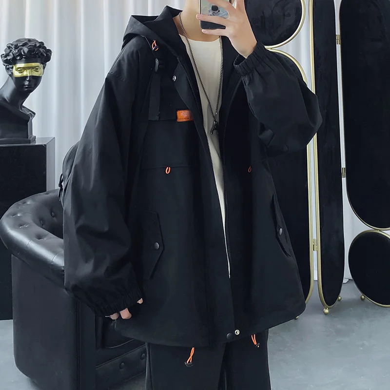 Autumn Spring Hooded Men's Jacket Oversized Clothing Casual Men's Windbreaker Harajuku Solid Color Men's Overalls Bomber Jacket