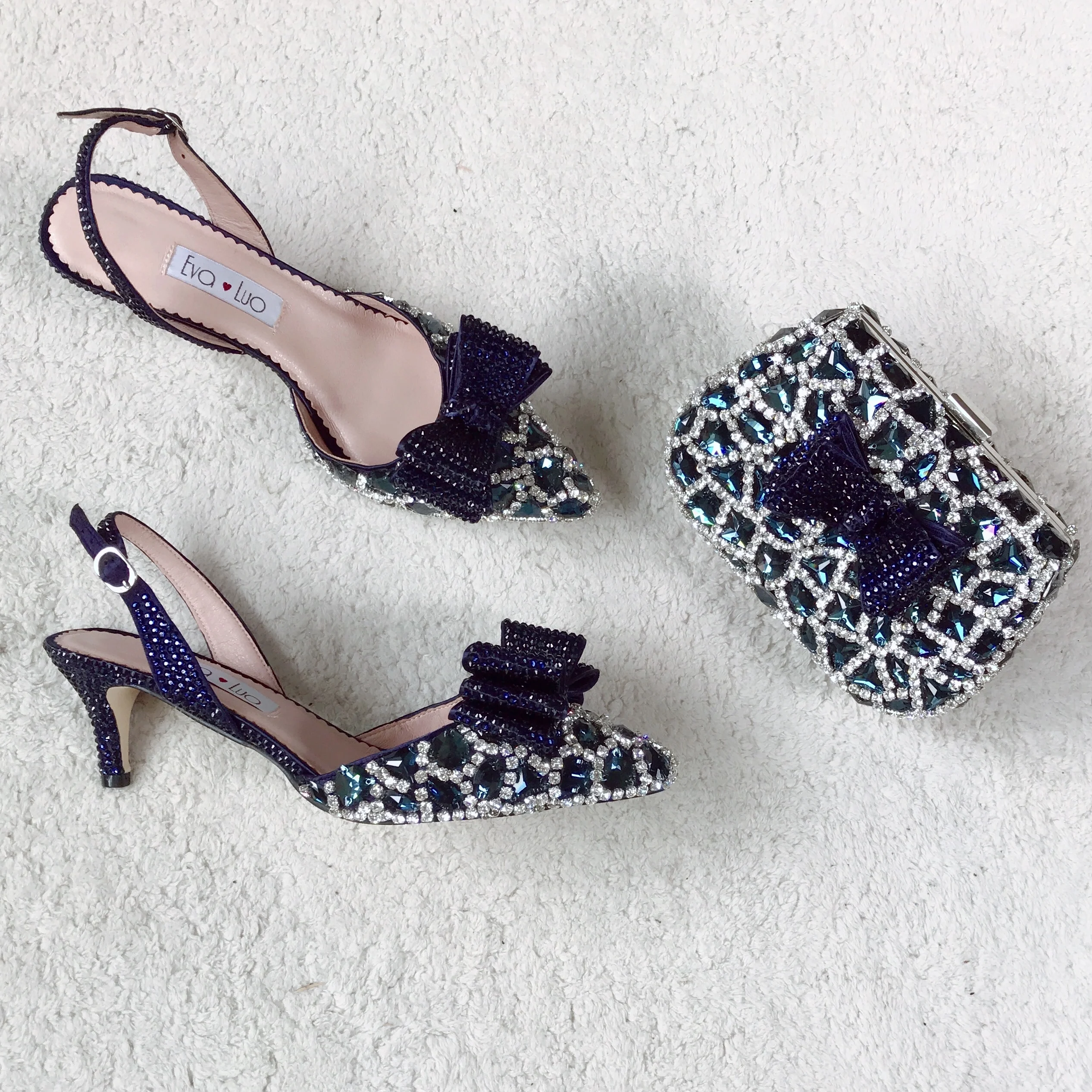 BS1556 Customizable Various Heel Height Women Bridal wedding Shoes Pointed Toe Navy Blue Rhinestone Crystal Shoes And Bag Set