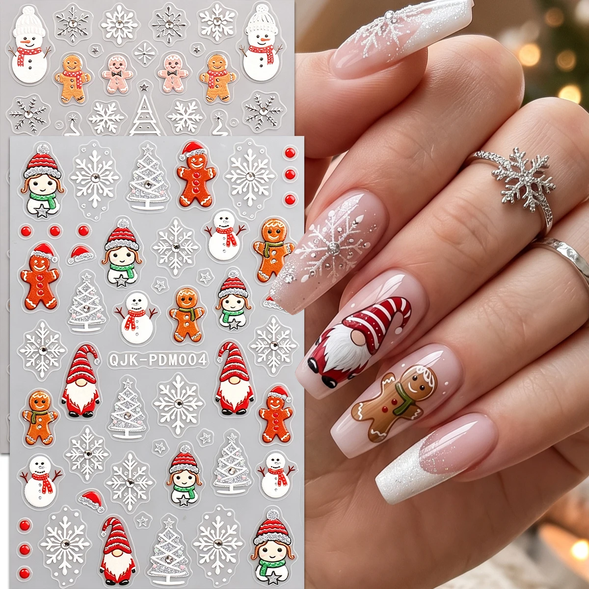 2/3Pcs 5D Embossed Christmas Nail Stickers, Red White Snowman Gingerbread Snowflake Decals, Multicolor Nail Supplies