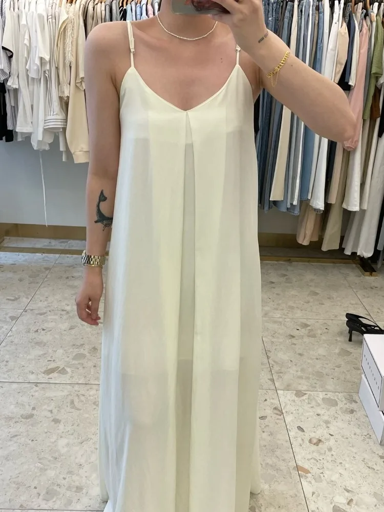 休暇スタイルギャザーベストストラップドレス女性のルーズドレープロングスカート綿 00% 夏新着ガウン