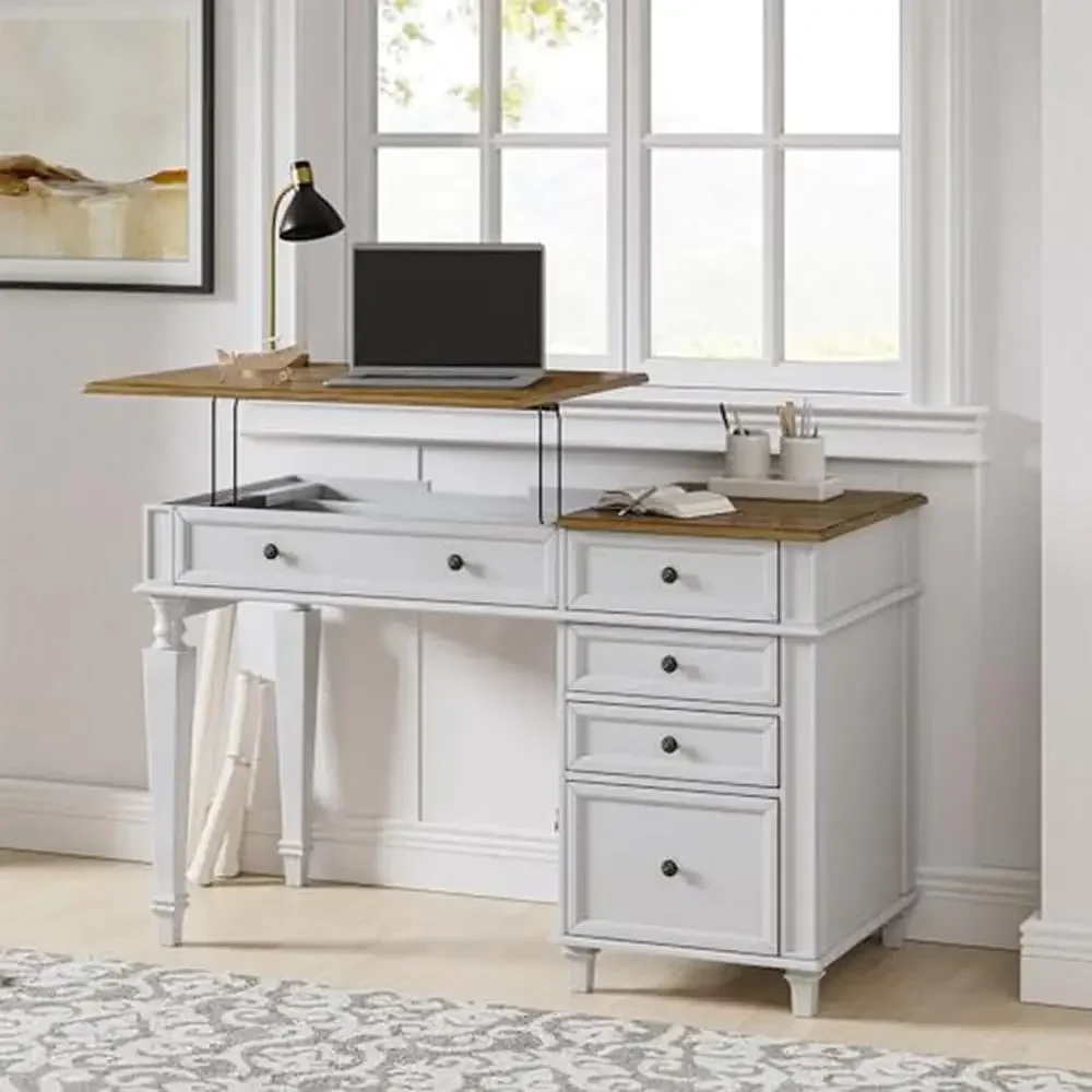 Rustic Office Desk Drawers Adjustable Height USB Port Carved Legs White