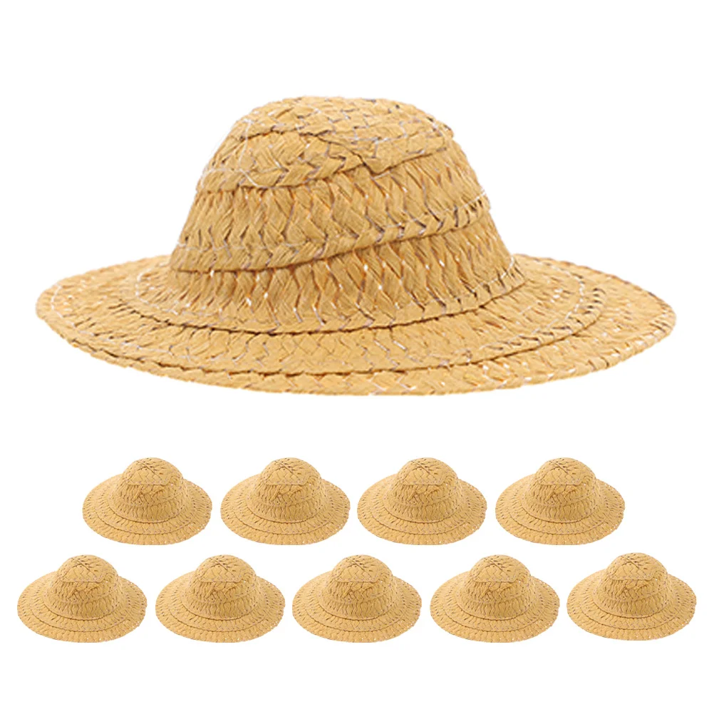 

10Pcs Mini Straw Hats Miniature Woven Craft Hats for Dollhouse Tiny Costume DIY Photography Props Hand Woven Hat