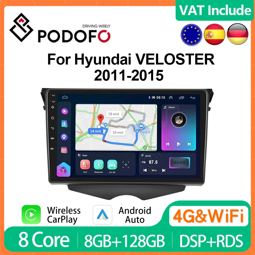 Podofo 4G CarPlay Android Radio For Hyundai VELOSTER 2011-2015 Car Multimedia Player 2din GPS Stereo Head Unit QLED Autoradio