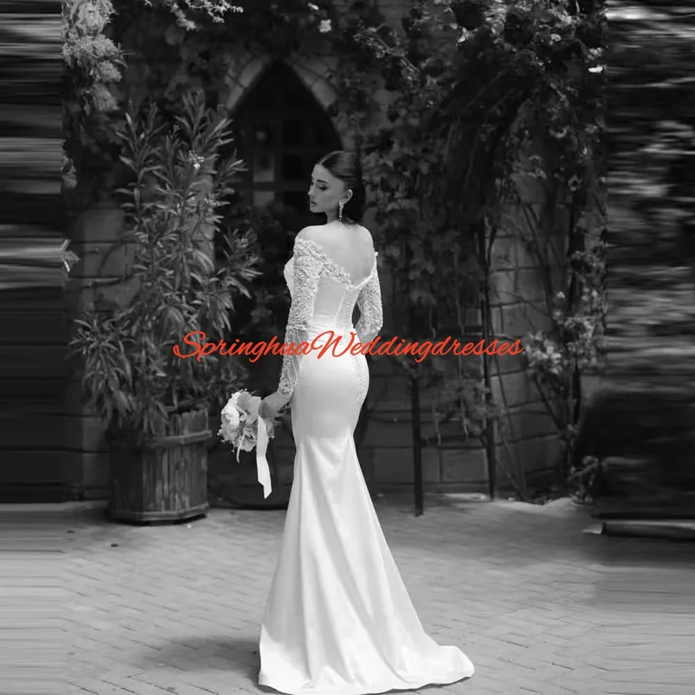 فساتين زفاف مخصصة مع ذيل قابل للانفصال العربية دبي حورية البحر فساتين الزفاف بأكمام طويلة دانتيل رداء دي ماري