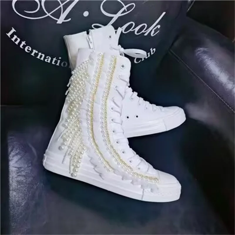 

Pearl fringe chain handmade custom canvas shoes Spring and autumn lace-up black high top casual shoes women's 35-40