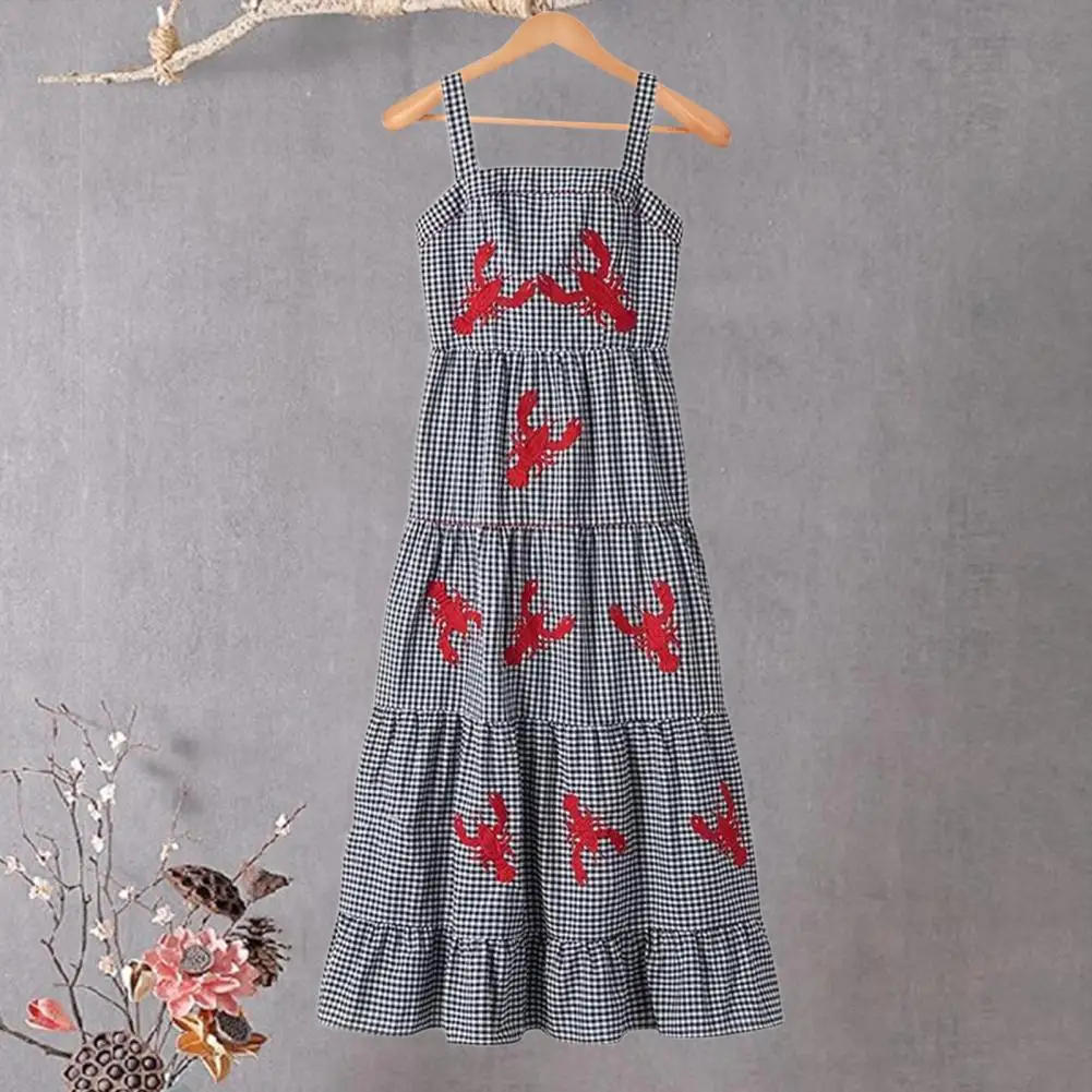 Women Embroidered Dress Retro Style Midi Dress Lobster Embroidered Plaid Midi Dress for Summer Vacation A-line Style with Square