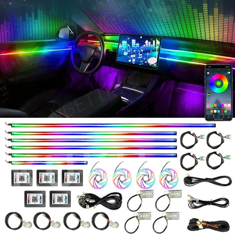 Ambient Light 64 Colors Car Acrylic Strips 18 In 1 110cm 90cm 75cm 35cm 20cm Full Colors RGB Car Interior Bluetooth App Control