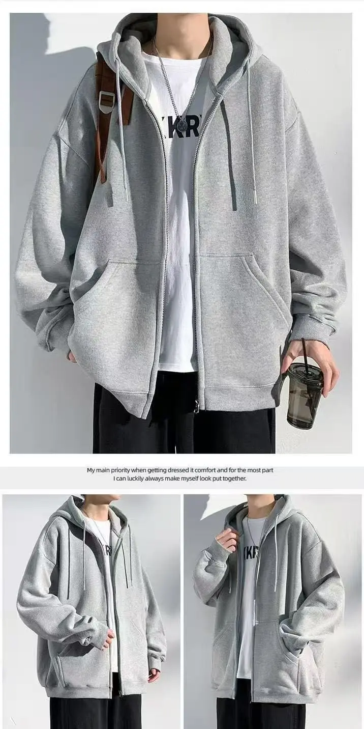 Men's Spring 2027 Hooded Sweatshirt Jacket, Lightweight and Loose-Fitting Fall Top, Available in Gray, Black, and Brown.
