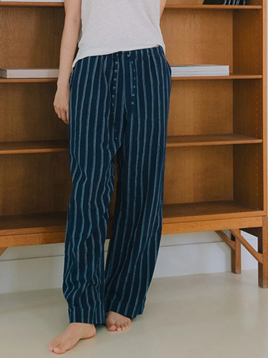 

Drawstring Striped Wide Leg Pant Women Summer New High Waist Loose Cotton Thin Trouser Classic Simple Casual Home Cozy Pajamas