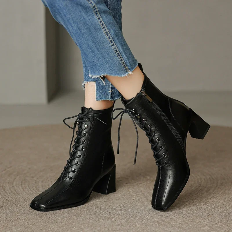 Victorian Style Ankle Boots for Women Square Toe Heel Short Boots Zipper and Lace Up Woman High Heels Retro Elegant Ladies Boots