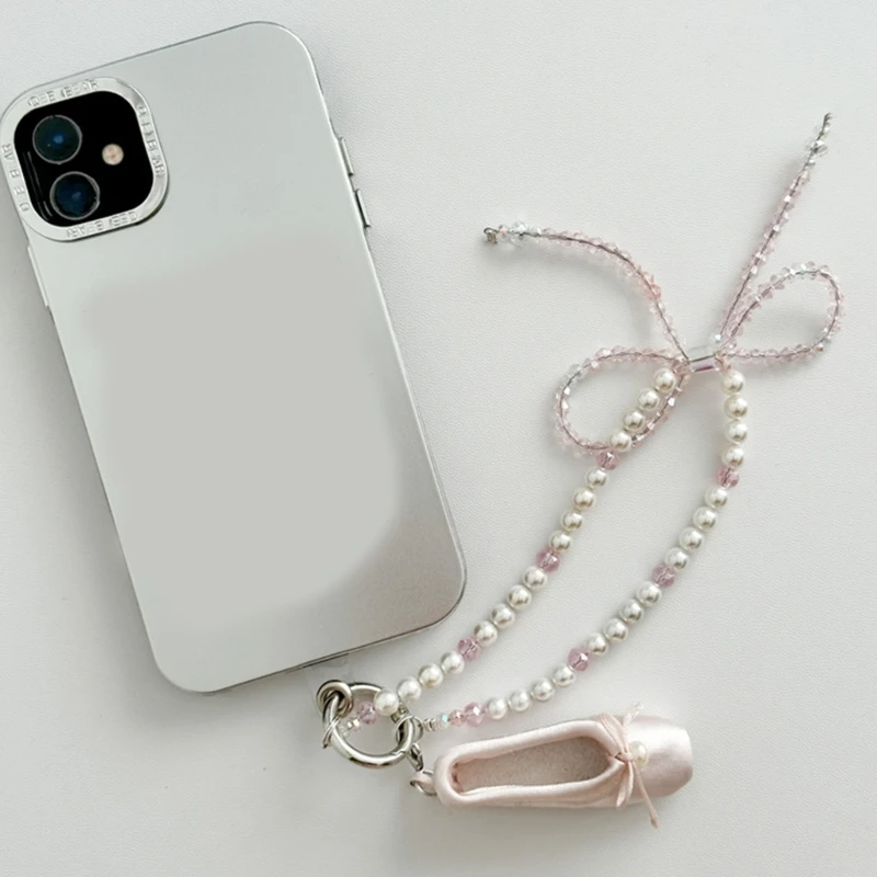 Women Sweet Bowknot Ballet Shoes Charm Phone Pendant Crystal Pearl Beaded Charm Keychain Lanyard Strap Bag Hanging Decoration