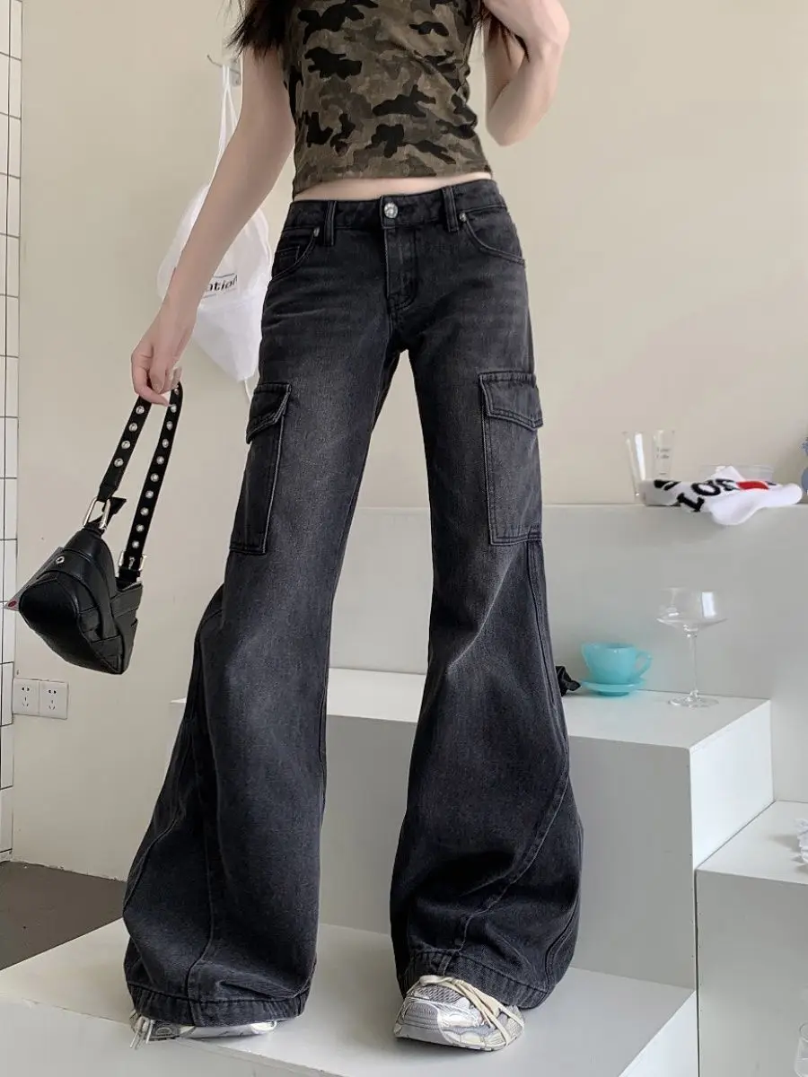 American Y2k High Waist Flare Pants Denim Cargo Jeans Vintage Pockets Straight Wide Leg Women Streetwear Chic Pantalones