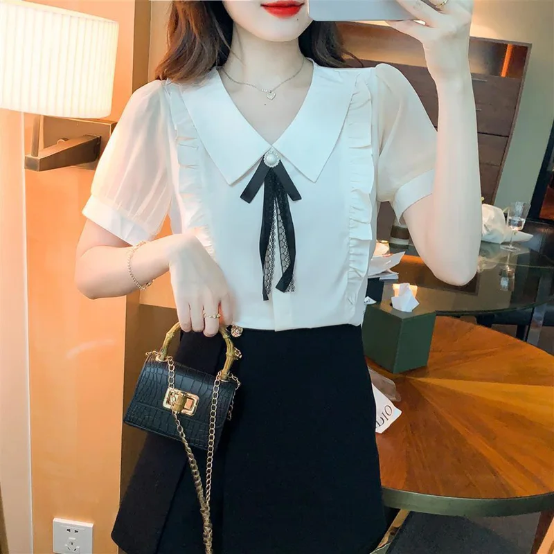 Sweet Bow Lapel Spliced Puff Sleeve Button Oversized Ruffles Shirt Loose Commute Tops Summer Elegant Female Clothing Chic Blouse