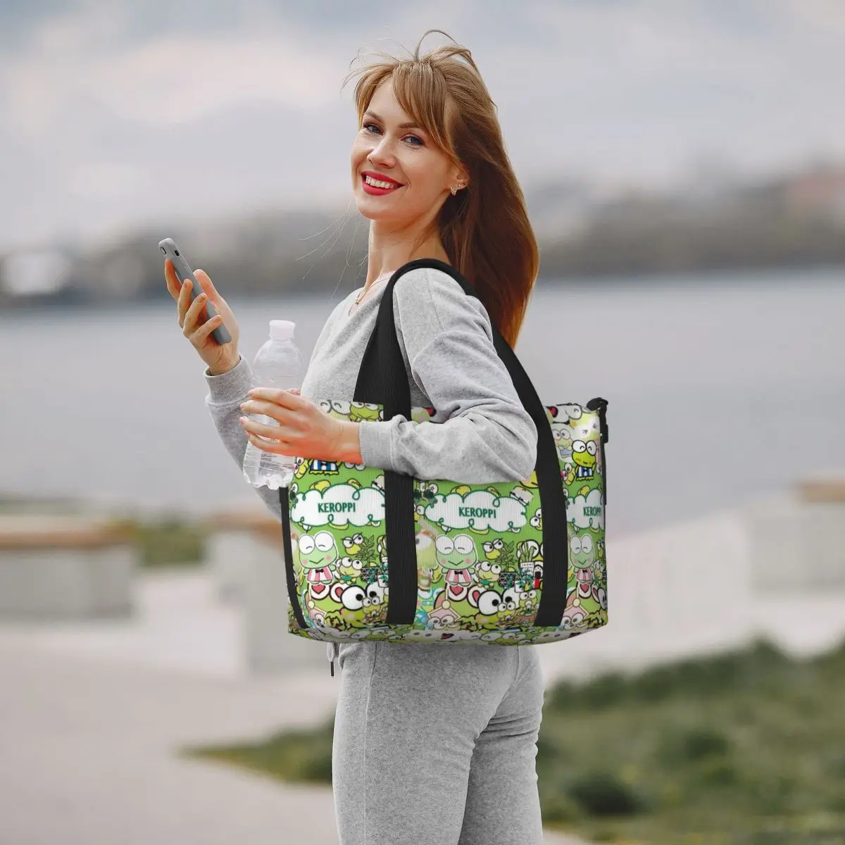 Custom Large Keroppi Casual Cute Print Tote Bag Women Shoulder Shopping Beach Gym Travel Bag