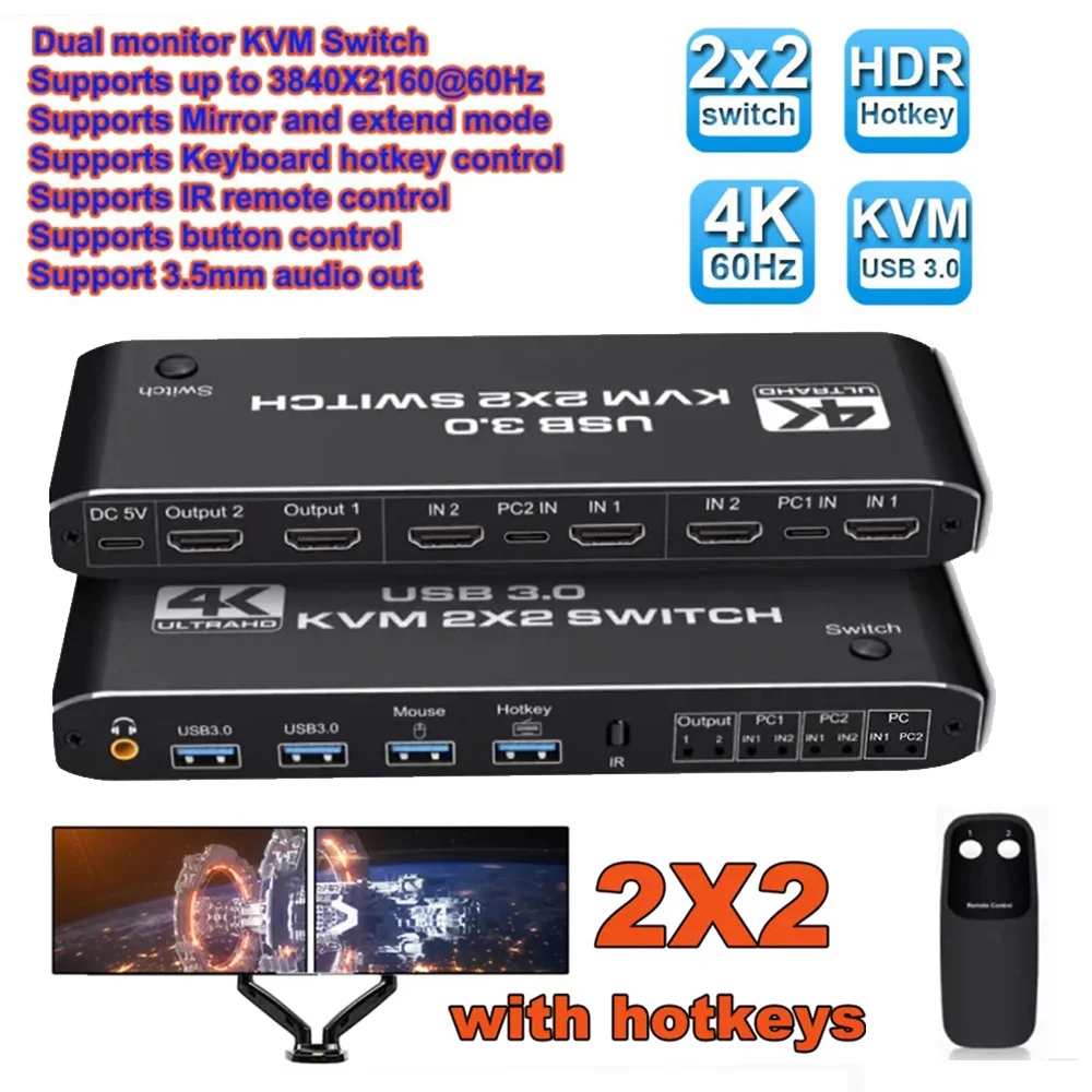 

2x2 4K 60Hz USB 3.0 KVM Switch 2 Port Dual Monitor KVM Extended Display USB KVM Switcher for 2 Computers Share 2 Monitors