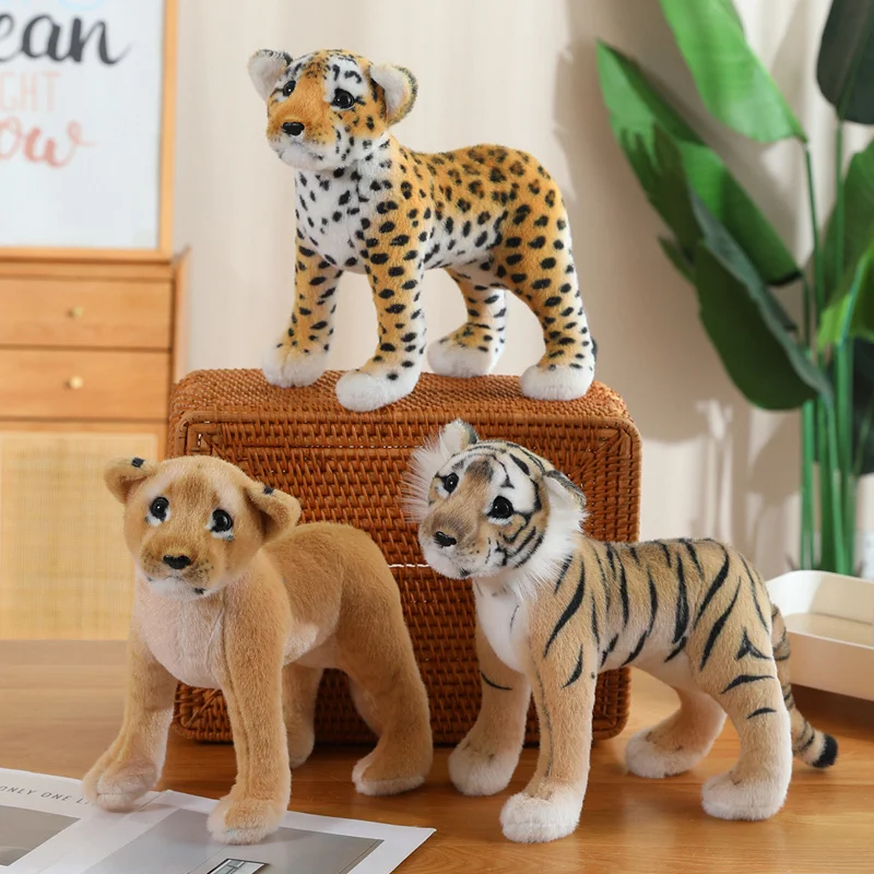 Simulação quente suporte leão tigre leopardo brinquedos de pelúcia decoração para casa animais bonitos bonecas macio real como travesseiro para meninos presente