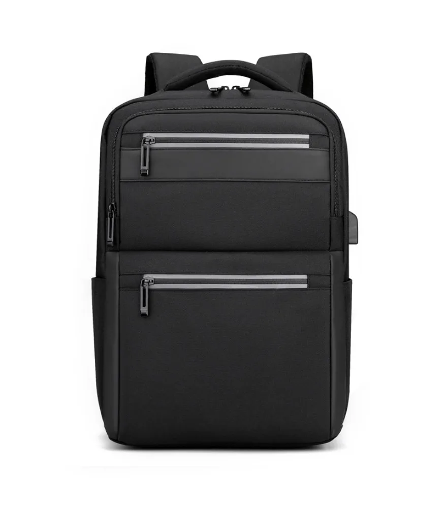 Black reflective laptop backpack with USB port multi zippered compartments water resistant fabric suitable for night travel