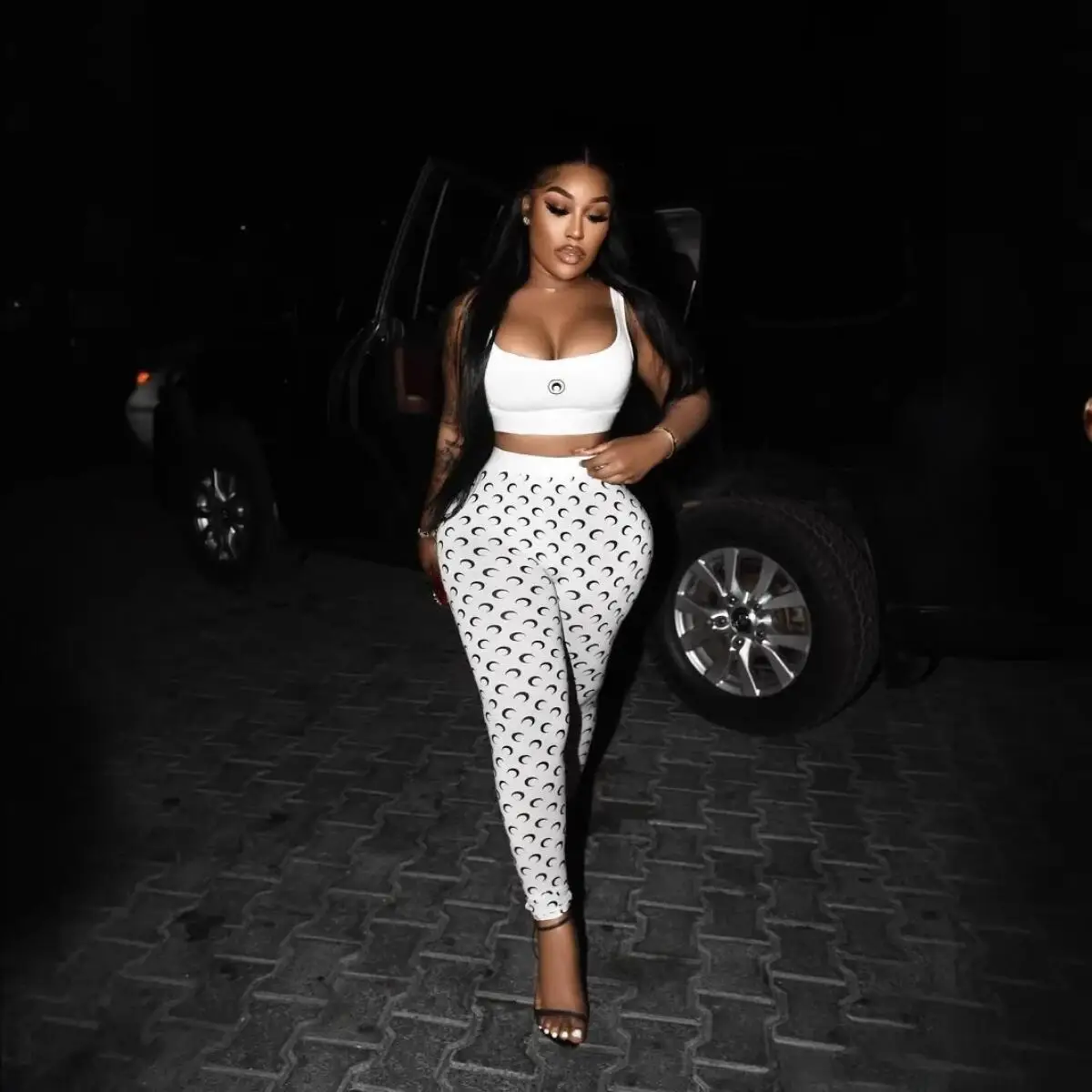 Sexy Women Two Piece Set Slim Fit Vest Pants Y2K Fashion High Street Retro Crescent Print Matching Outfit
