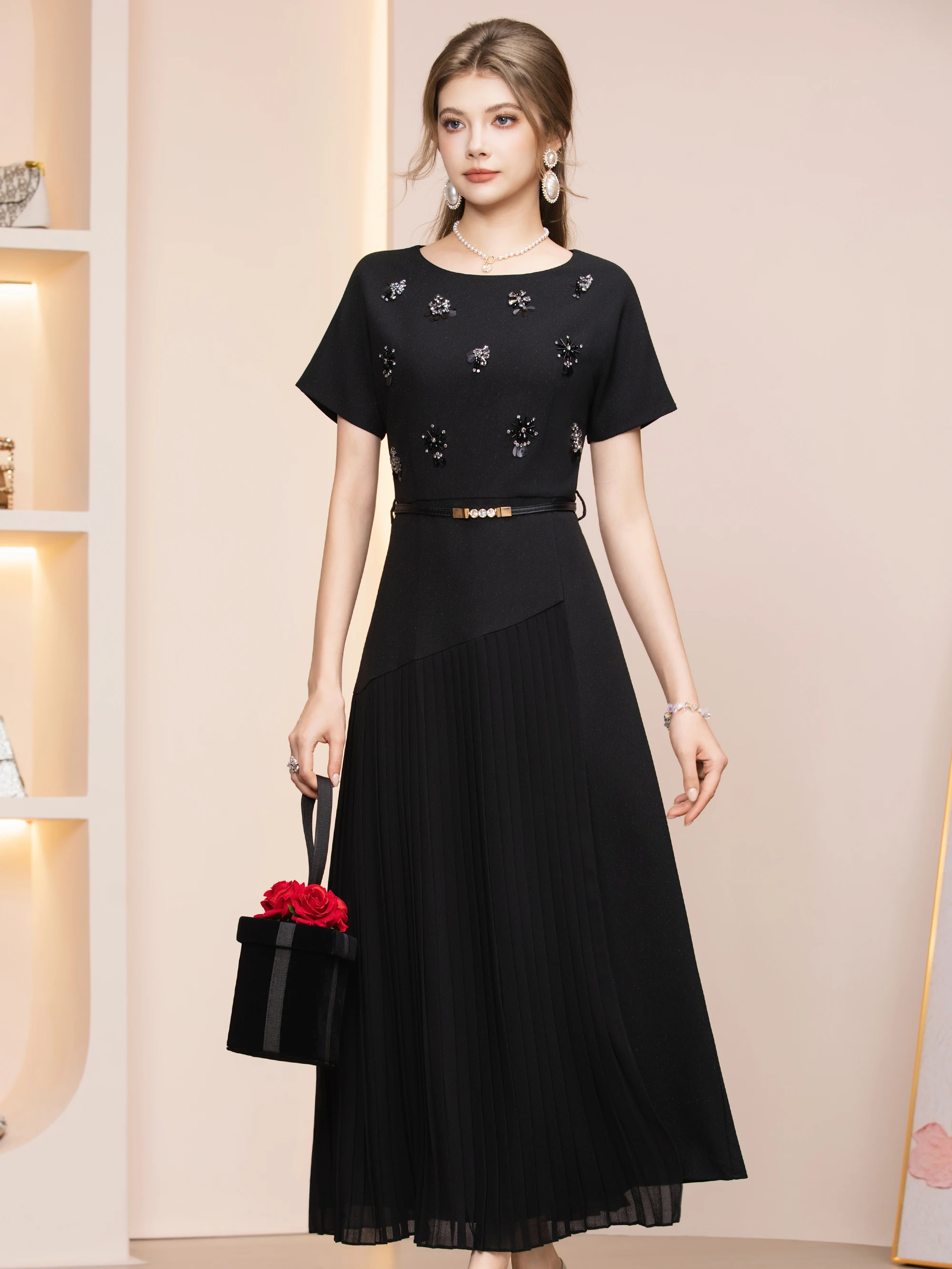 

Новинка: Женское модное платье А-силуэта Ele Bla с поясом, подчеркивающим талию, и стразами, летняя коллекция