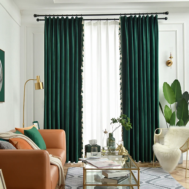 Custom Upscale Thickened retro dark green velvet American bedroom  cloth blackout curtain tulle drape C1869