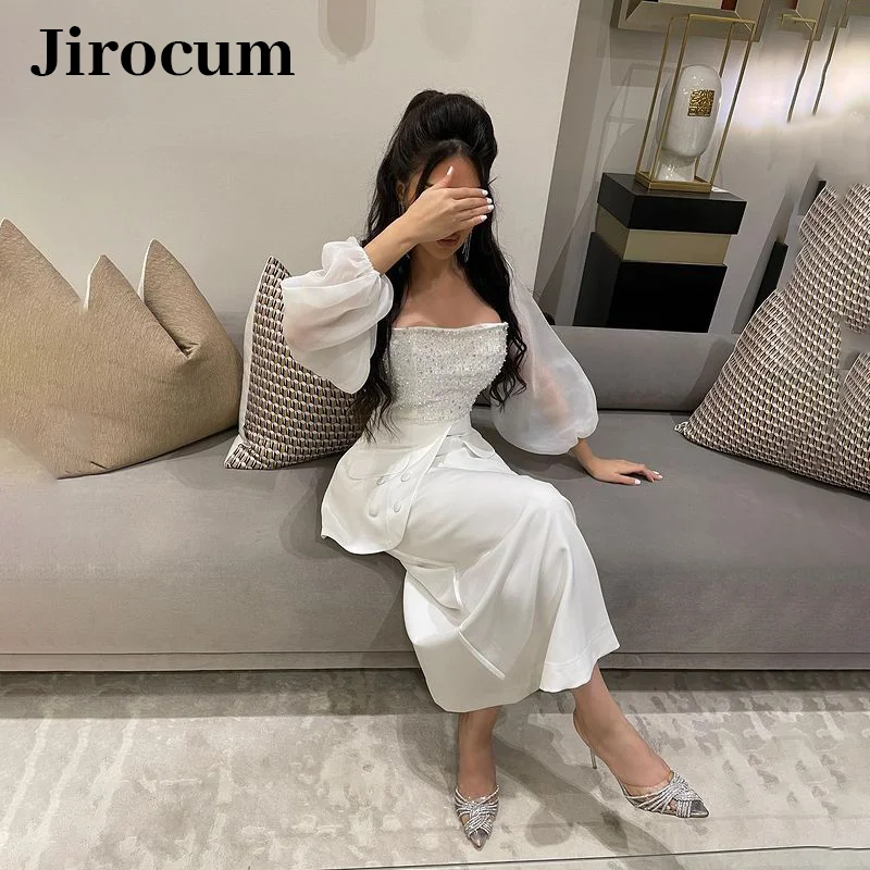 Jirocum Dignified White Evening Gown Women's Glitter Bubble Retro Prom Party Gowns Long Sleeve Square Neck Formal Occasion Dress