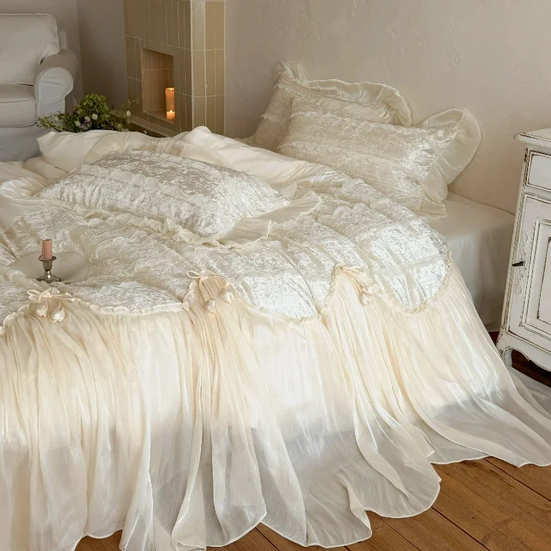 Romantic Deluxe Bedroom All Cotton Long Staple Cotton 4-piece Set Princess Style Pure Cotton Brushed Velvet Glazed Yarn Bedding