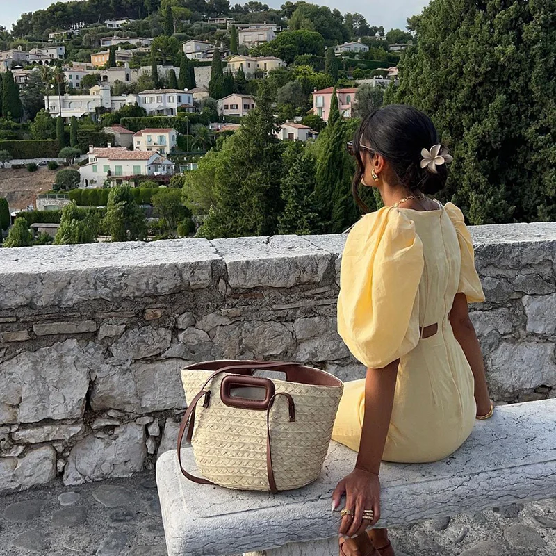 New Yellow Puff Sleeve Hollow A-line Dress Club Party Square Neck Women's Long Dress Elegant High Waist Slim Fit Holiday Dresses